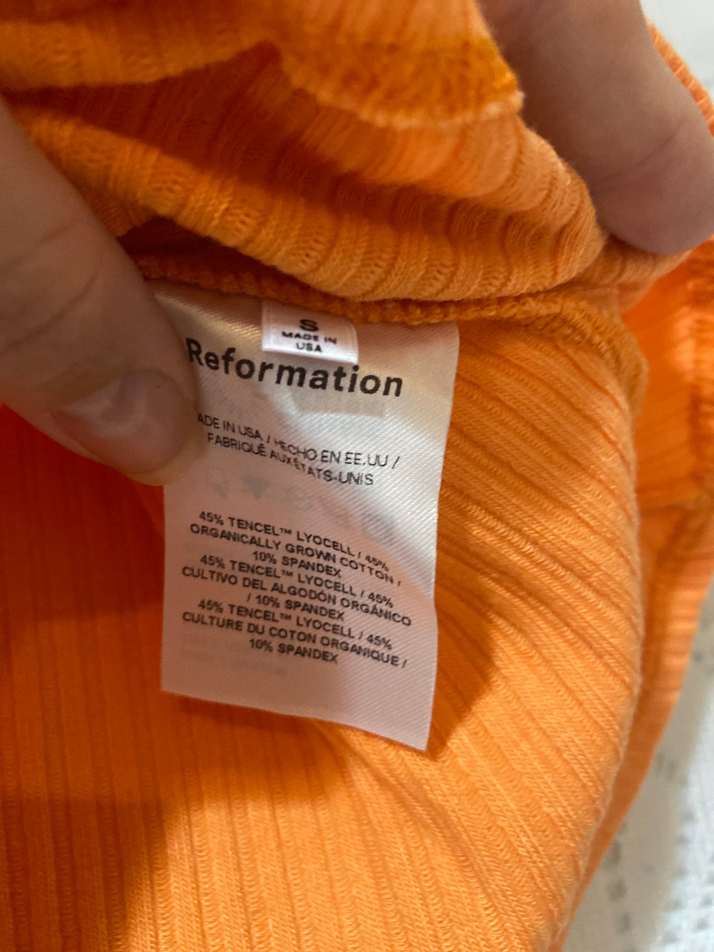Tangerine orange Reformation skirt