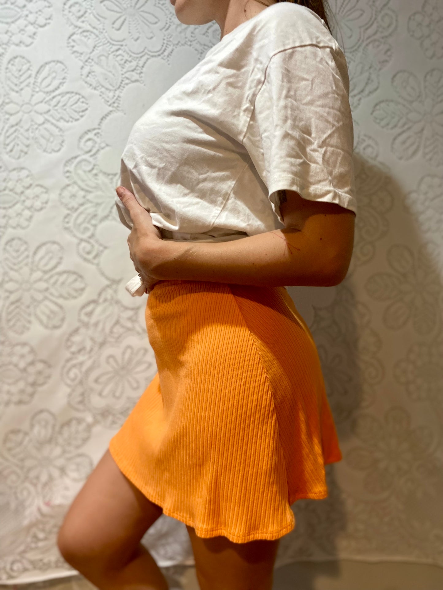 Tangerine orange Reformation skirt