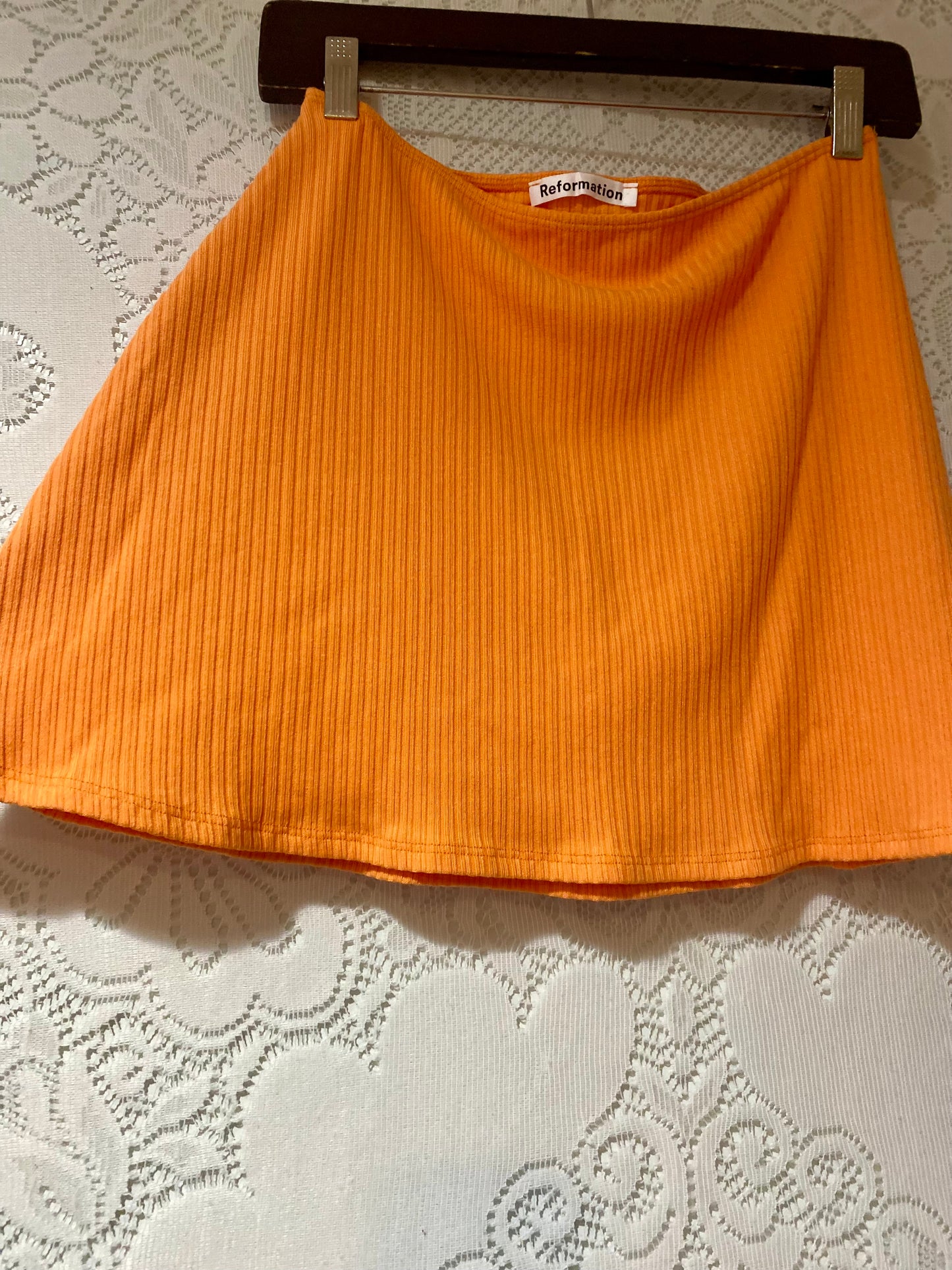 Tangerine orange Reformation skirt