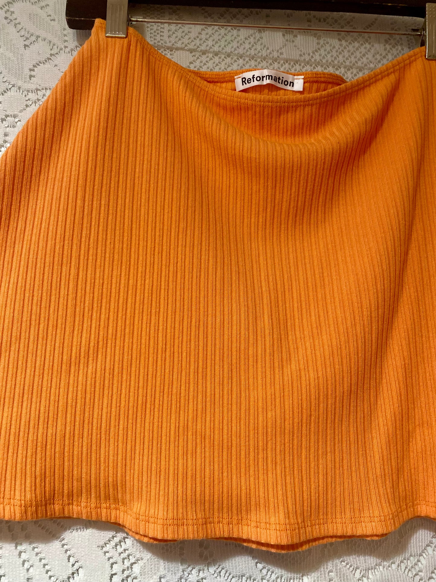 Tangerine orange Reformation skirt