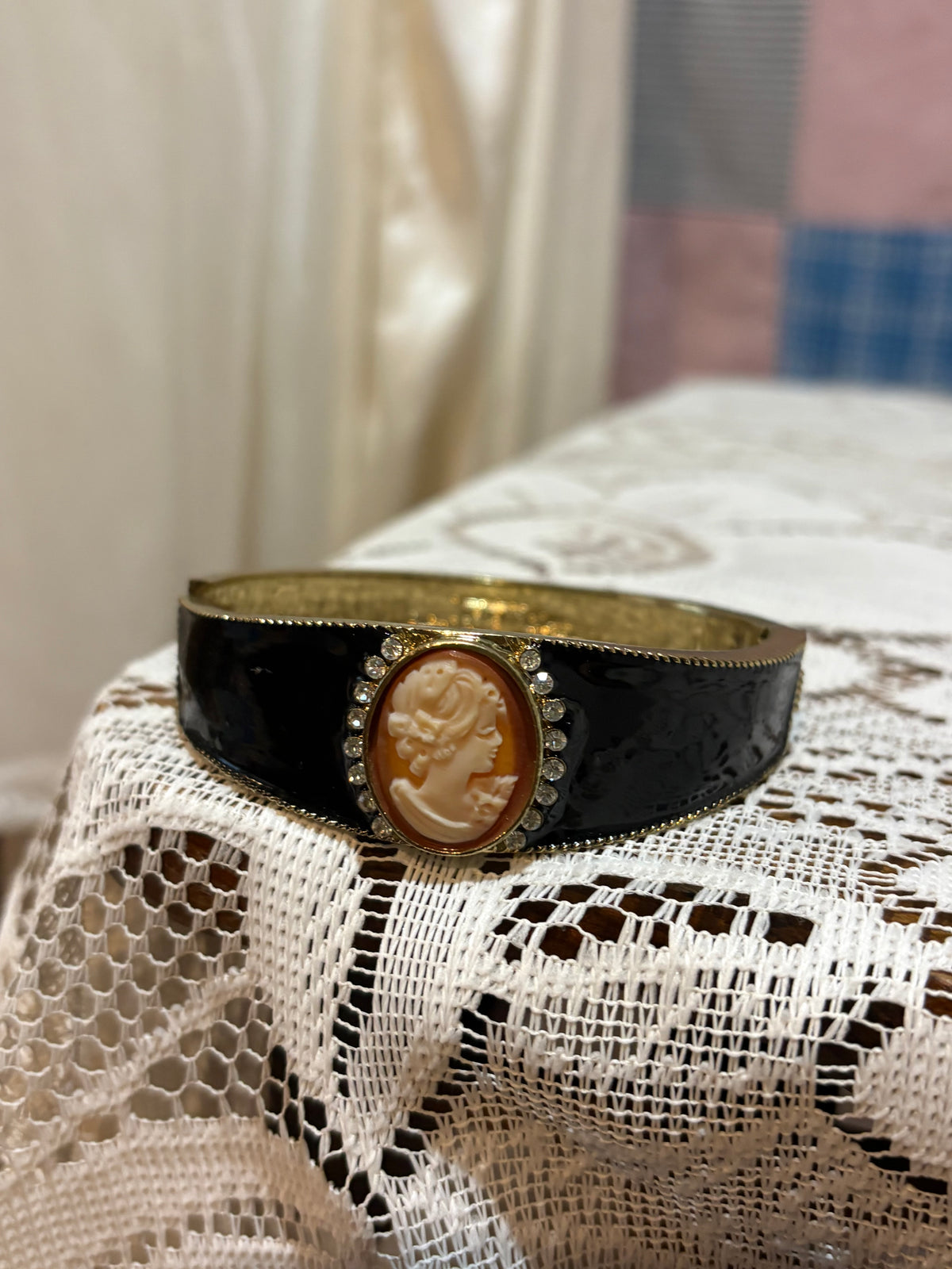 AMEDEO SCOGNAMIGLIO NYC CAMEO BLACK ENAMEL CUFF BANGLE BRACELET