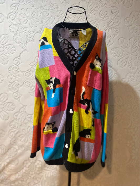 Vintage Storybook Knits color block CAT Cardigan